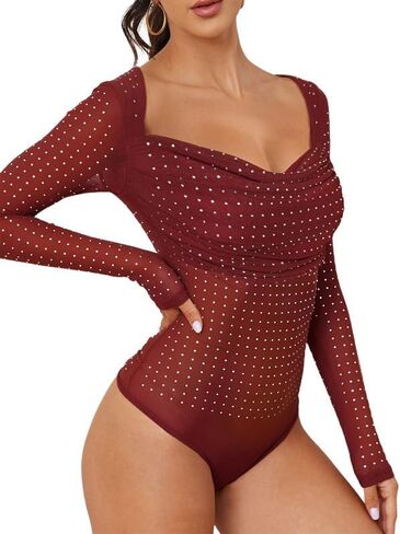 Sparkle Rhinestone Sheer Mesh Bodysuits for Women Diamond Tops Thong Soft Elastic Slimming Snap Crotch Bodysuit in Saudi Arabia