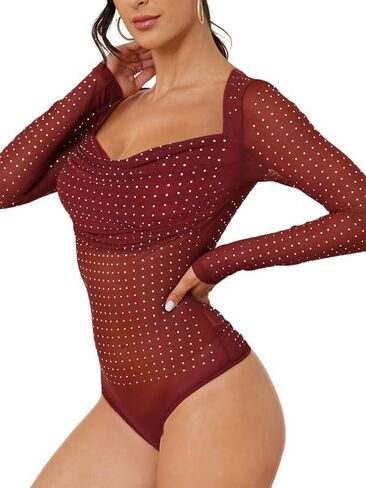Sparkle Rhinestone Sheer Mesh Bodysuits for Women Diamond Tops Thong Soft Elastic Slimming Snap Crotch Bodysuit in Saudi Arabia