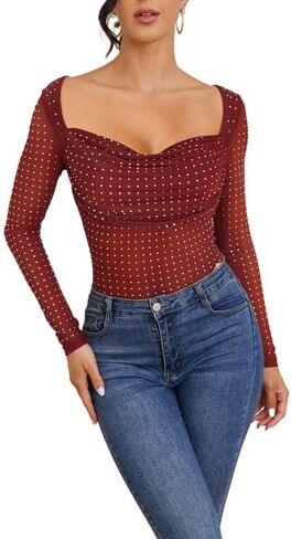 Sparkle Rhinestone Sheer Mesh Bodysuits for Women Diamond Tops Thong Soft Elastic Slimming Snap Crotch Bodysuit in Saudi Arabia