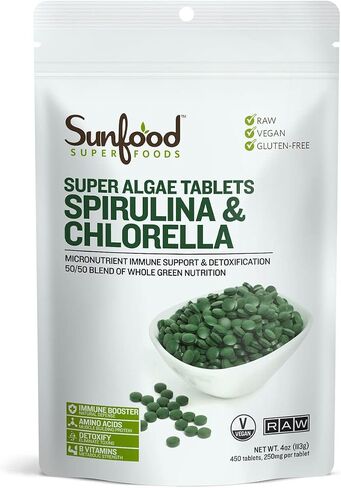 Sunfood Chlorella Tablets | Chlorophyll Rich | Broken Cell Wall | Blue Green Algae Superfood | Organic & Non GMO | Natural Vegan Protein | 100% Pure | Bulk 8 oz Bag| 912 Tablets | 250 mg Chlorella per Tablet in Kuwait