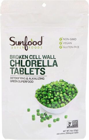 Sunfood Chlorella Tablets | Chlorophyll Rich | Broken Cell Wall | Blue Green Algae Superfood | Organic & Non GMO | Natural Vegan Protein | 100% Pure | Bulk 8 oz Bag| 912 Tablets | 250 mg Chlorella per Tablet in Kuwait