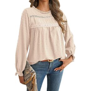 Womens Tops Long Ruffle Sleeve Shirts For Women Cute Crewneck Blouse Dressy Casual Swiss Dot Crochet Hollow Top 2024