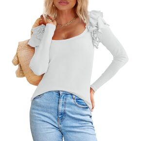 BZB Women's Ruffle Long Sleeve Shirts 2024 Trendy Crew Neck Layer Shoulder Blouses Knit Ribbed Spring Fall Tops S-2XL
