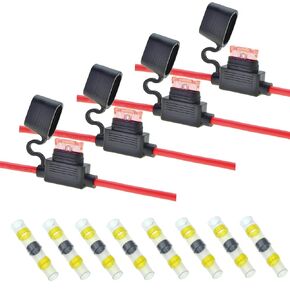 4pack 10 Gauge Fuse Holder +8Pcs 10 AWG Heat Shrink Solder Seal Wire Connectors, Automotive Marine 12V-24V Fuse Block Kit 10 AWG Inline Fuse Holder with 40 AMP ATO/ATC Blade Fuses