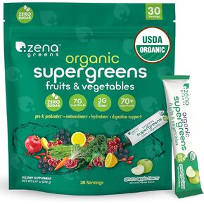 Zena Organic Super Greens Powder, 70+ Superfoods Drink Mix, 0 Sugar, 3G Fiber, Fruits, Veggies, Spirulina, Chlorella, Antioxidants, Pre & Probiotics, Digestive Enzymes, Mango Flavor, 30 Packets