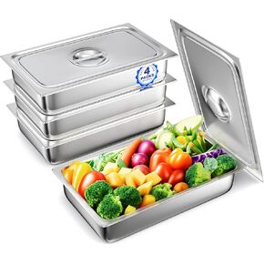 مقالي الفندق مع الأغطية - 4 عبوات من مقلاة طاولة البخار بالحجم الكامل بعمق 4 بوصات، من الفولاذ المقاوم للصدأ، مقالي الفندق، مقالي المطاعم، مقالي تقديم الطعام للمطبخ التجاري، 20.9 بوصة طول × 12.8 بوصة عرض × 4 بوصة ارتفاع in Kuwait