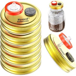 6Pcs Regular Mouth Mushroom Liquid Culture Lid, Grain Spawn Cultivation Mason Jar Lid with 0.2 micron PTFE Syringe Filter & 20mm Self Healing Injection Ports For Mushroom Growing Mycology