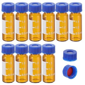 PATIKIL 2ml Autosampler Vial, 200 Pack Pre-Slit Septa HPLC/GC Vials 9-425 Lab Amber Vials Sample Vial with Blue Screw Cap Writing Patch PTFE Silicone for LC Stamper