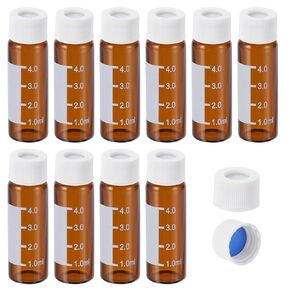 PATIKIL 4ml Autosampler Vial, 200 Pack Pre-Slit Septa HPLC/GC Vials 9-425 Lab Amber Vials Sample Vial with White Screw Cap Writing Patch PTFE Silicone for LC Stamper