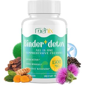 15-in-1 Detox Binder, Activated Charcoal, Zeolite & Bentonite Clay, Chlorella, 1500 MG Supplement Maximum Absorbent, Liver Gut Digestive Toxin Detox Cleanse, 180 Vegan Capsules