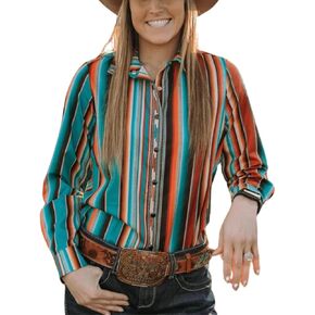 Women's Retro Aztec Shirt Western Cowgirl Pearl Snap Blouses Button Up Long Sleeve Ethnic Printed Top