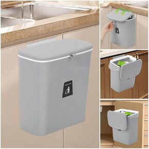 Compost Bin for Kitchen -2.4 Gallons/9L Trash Can for Under Sink,Hanging Small Trash Can with Lid for Bathroom/Bedroom, Indoor Compost Bucket (Grey)