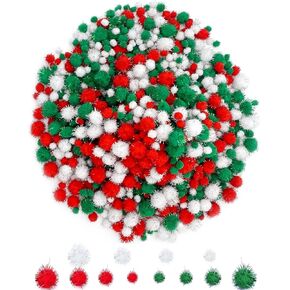 Allruyee 1500 Pieces Christmas Pom Pom Christmas Tinsel pom pom Glitter Pom Pom Balls for Craft Making and Hobby Supplies (4 Sizes, White, Red, Green)