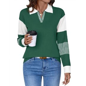 LOMON V Neck Long Sleeve Loose Sweaters Color Block Striped Knitted Pullover Jumper Tops