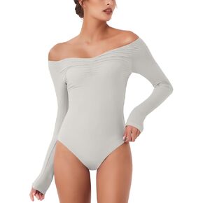 REORIA Women's Long Sleeve Off-Shoulder Strapless V-Neck Double Layer Sexy Bodysuit 2024 Fall/Winter Designer Collection