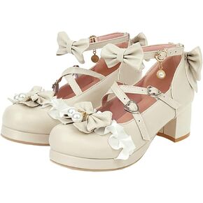 LUXMAX Women Lolita Cosplay Shoes Cross Strap Block Heel Mary Jane Lace Pumps