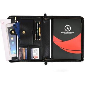 Zippered Genuine Leather Business Portfolio | Easy to Carry Organizer with Writing Pad Holder, Business Card and Pen Slots. IPAD/Tablet Holder and Flip-Closure Phone Pocket (Choclate Brown)