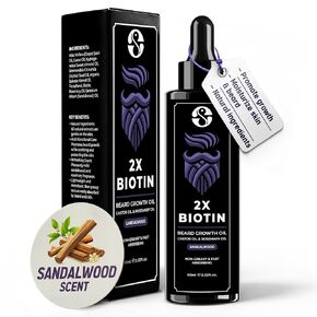 Beard Growth Oil - 2X Biotin Concentration Beard Oil for Men - Beard Thickener & Mustache Oil (2oz) with Castor Oil, Rosemary Oil, and Vitamins - Beard Growth Softener & Moisturizer (Sandalwood Scent)