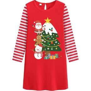 Toddler Girl Christmas Dress Kid Long Sleeve Reindeer Santa Snowman Tree Strip Patchwork Xmas Shirt Dress Clothes 4-10 Year