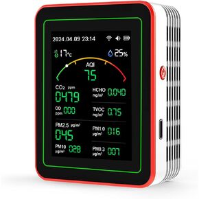 مراقب جودة الهواء، جهاز اختبار جودة الهواء الذكي 15 في 1 مع PM، CO2، CO، TVOC، HCHO، PM، AQI، درجة الحرارة والرطوبة، مؤقت، عرض في الوقت الحقيقي، يعمل بالبطارية، للمنزل والمكتب in Kuwait