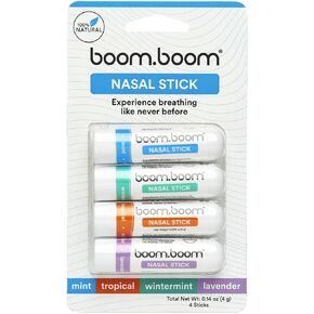 Boom Boom Nasal Stick (4 Pack) | Boosts Focus + Enhances Breathing | Provides Fresh Cooling Sensation | Aromatherapy Inhaler Made with Essential Oils + Menthol (Mint, Wintermint, Tropical, Lavender)