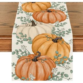 Artoid Mode Pumpkins Eucalyptus Leaves Fall Table Runner, Autumn Thanksgiving Kitchen Dining Table Decoration for Home Party Decor 13x72 Inch