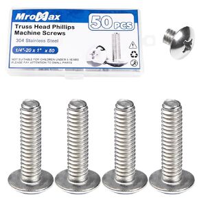 MroMax 50Pcs 1/4"-20 x 1" Truss Head Machine Screws, 304 Stainless Steel 18-8, Bright Finish, Full Thread, Phillips Drive