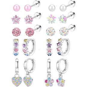 Jewdreamer 10/12 Pairs Hypoallergenic Flat Back Earrings for Women Small Surgical Steel Flatback Earrings Silver Huggie Hoop Earrings Cute Dangling Earrings Pink Colorful CZ Flat Back Stud Earrings Set for Sensitive Ears