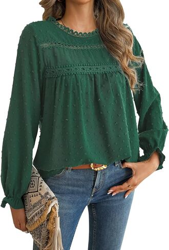 Womens Tops Long Ruffle Sleeve Shirts For Women Cute Crewneck Blouse Dressy Casual Swiss Dot Crochet Hollow Top 2024 in Kuwait