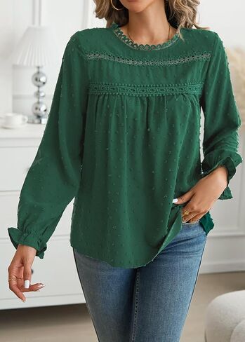 Womens Tops Long Ruffle Sleeve Shirts For Women Cute Crewneck Blouse Dressy Casual Swiss Dot Crochet Hollow Top 2024 in Kuwait