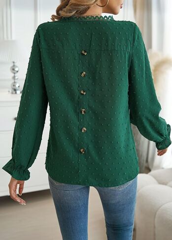 Womens Tops Long Ruffle Sleeve Shirts For Women Cute Crewneck Blouse Dressy Casual Swiss Dot Crochet Hollow Top 2024 in Kuwait