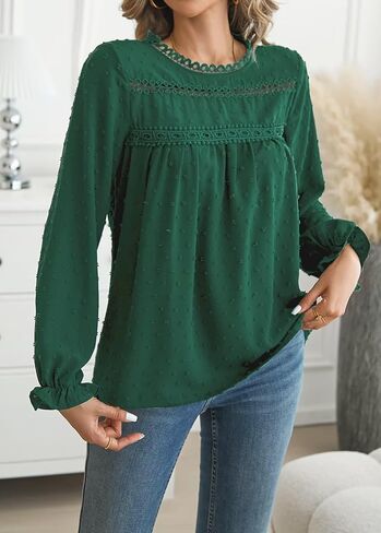 Womens Tops Long Ruffle Sleeve Shirts For Women Cute Crewneck Blouse Dressy Casual Swiss Dot Crochet Hollow Top 2024 in Kuwait