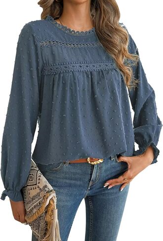 Womens Tops Long Ruffle Sleeve Shirts For Women Cute Crewneck Blouse Dressy Casual Swiss Dot Crochet Hollow Top 2024 in Kuwait