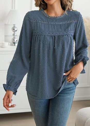 Womens Tops Long Ruffle Sleeve Shirts For Women Cute Crewneck Blouse Dressy Casual Swiss Dot Crochet Hollow Top 2024 in Kuwait