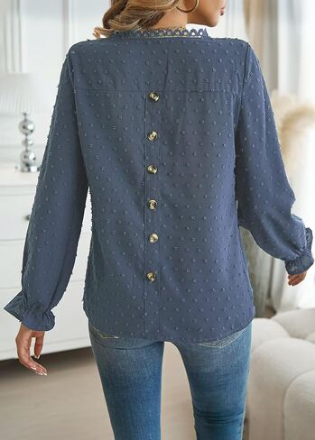 Womens Tops Long Ruffle Sleeve Shirts For Women Cute Crewneck Blouse Dressy Casual Swiss Dot Crochet Hollow Top 2024 in Kuwait