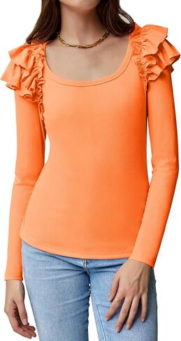 BZB المرأة كشكش قمصان طويلة الأكمام 2024 العصرية طاقم الرقبة طبقة الكتف البلوزات متماسكة مضلع الربيع الخريف القمم S-2XL in Kuwait