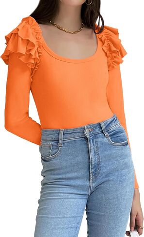 BZB المرأة كشكش قمصان طويلة الأكمام 2024 العصرية طاقم الرقبة طبقة الكتف البلوزات متماسكة مضلع الربيع الخريف القمم S-2XL in Kuwait