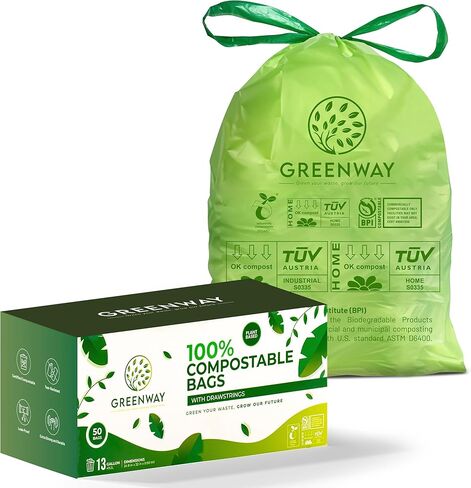 GREENWAY 13 Gallon Compostable Trash Bags Drawstring, 50 Bags, Heavy Duty Extra Thick 0.90 Mil, 50-65L / 13-17 Gallons, compatible with Code Q bins, Tall Kitchen Food Scrap Bags in Saudi Arabia