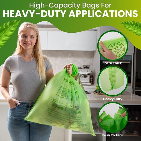 GREENWAY 13 Gallon Compostable Trash Bags Drawstring, 50 Bags, Heavy Duty Extra Thick 0.90 Mil, 50-65L / 13-17 Gallons, compatible with Code Q bins, Tall Kitchen Food Scrap Bags in Saudi Arabia