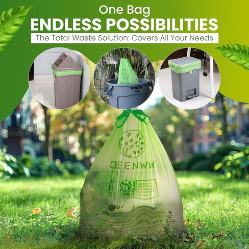 GREENWAY 13 Gallon Compostable Trash Bags Drawstring, 50 Bags, Heavy Duty Extra Thick 0.90 Mil, 50-65L / 13-17 Gallons, compatible with Code Q bins, Tall Kitchen Food Scrap Bags in Saudi Arabia