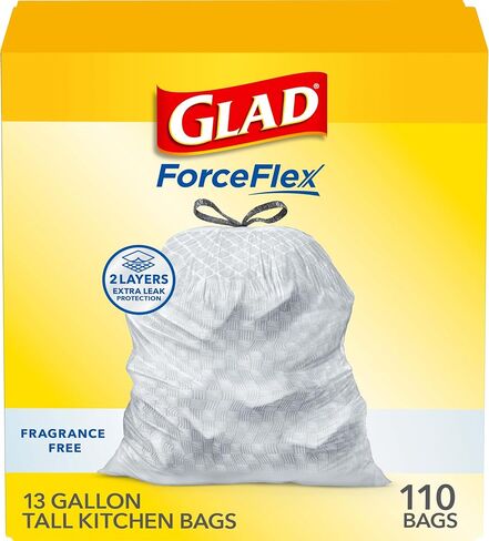 Glad ForceFlex Drawstring Trash Bags, 13 Gal, Fragrance Free, 110 Ct, Pack May Vary in Saudi Arabia