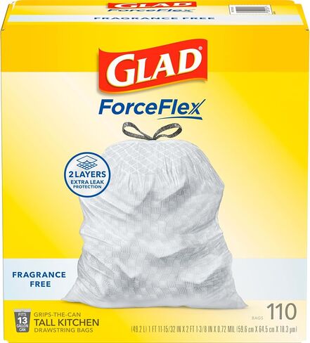 Glad ForceFlex Drawstring Trash Bags, 13 Gal, Fragrance Free, 110 Ct, Pack May Vary in Saudi Arabia
