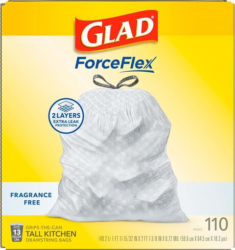 Glad ForceFlex Drawstring Trash Bags, 13 Gal, Fragrance Free, 110 Ct, Pack May Vary in Saudi Arabia