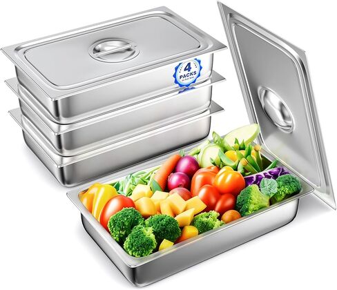 مقالي الفندق مع الأغطية - 4 عبوات من مقلاة طاولة البخار بالحجم الكامل بعمق 4 بوصات، من الفولاذ المقاوم للصدأ، مقالي الفندق، مقالي المطاعم، مقالي تقديم الطعام للمطبخ التجاري، 20.9 بوصة طول × 12.8 بوصة عرض × 4 بوصة ارتفاع in Kuwait