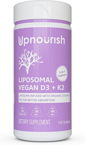 UpNourish Liposomal D3 وK2 MK-7، امتصاص متقدم لصحة العظام والمناعة المثلى، يوفر 5000 وحدة دولية 125 ميكروجرام فيتامين D3 و100 ميكروجرام فيتامين k2 مع زيت جوز الهند العضوي، 365 كبسولة هلامية صغيرة in Kuwait