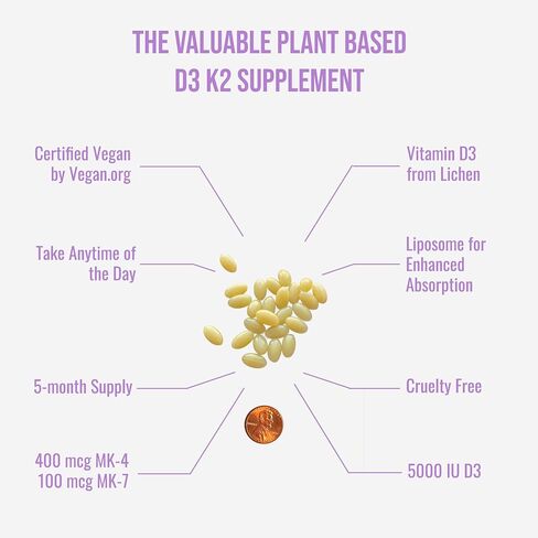 UpNourish Liposomal D3 وK2 MK-7، امتصاص متقدم لصحة العظام والمناعة المثلى، يوفر 5000 وحدة دولية 125 ميكروجرام فيتامين D3 و100 ميكروجرام فيتامين k2 مع زيت جوز الهند العضوي، 365 كبسولة هلامية صغيرة in Kuwait