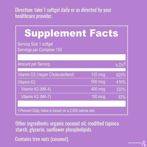 UpNourish Liposomal D3 وK2 MK-7، امتصاص متقدم لصحة العظام والمناعة المثلى، يوفر 5000 وحدة دولية 125 ميكروجرام فيتامين D3 و100 ميكروجرام فيتامين k2 مع زيت جوز الهند العضوي، 365 كبسولة هلامية صغيرة in Kuwait