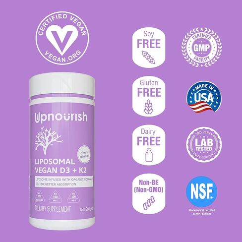 UpNourish Liposomal D3 وK2 MK-7، امتصاص متقدم لصحة العظام والمناعة المثلى، يوفر 5000 وحدة دولية 125 ميكروجرام فيتامين D3 و100 ميكروجرام فيتامين k2 مع زيت جوز الهند العضوي، 365 كبسولة هلامية صغيرة in Kuwait