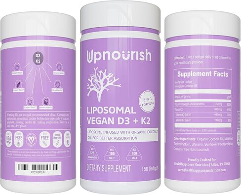 UpNourish Liposomal D3 وK2 MK-7، امتصاص متقدم لصحة العظام والمناعة المثلى، يوفر 5000 وحدة دولية 125 ميكروجرام فيتامين D3 و100 ميكروجرام فيتامين k2 مع زيت جوز الهند العضوي، 365 كبسولة هلامية صغيرة in Kuwait