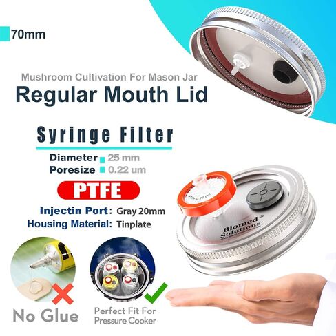 6Pcs Regular Mouth Mushroom Liquid Culture Lid, Grain Spawn Cultivation Mason Jar Lid with 0.2 micron PTFE Syringe Filter & 20mm Self Healing Injection Ports For Mushroom Growing Mycology in Kuwait